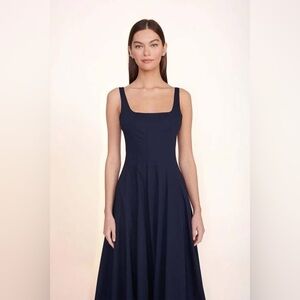 NEW STAUD Wells Stretch Cotton Sleeveless Midi Dress Navy | US 2 UK 6